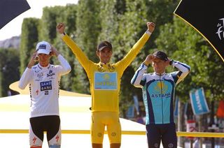 Andy Schleck (Saxo Bank), Alberto Contador (Astana) and Lance Armstrong (Astana)