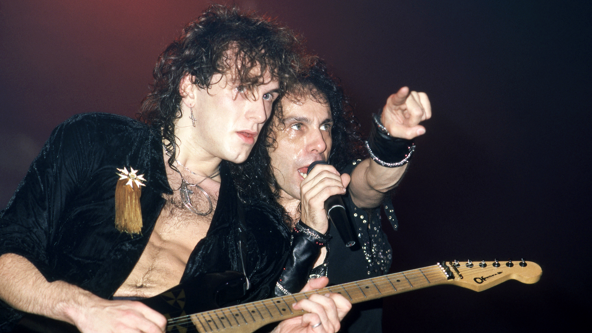 (L-R) Northern Irish guitarist Vivian Campbell and American heavy metal singer Ronnie James Dio (1942 - 2010), of the American heavy metal band Dio, perform on stage during 1985