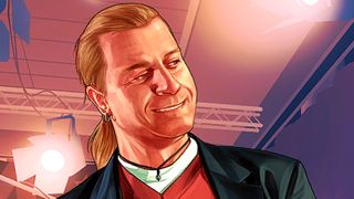 Grand Theft Auto character and developer Lazlow Jones as shown in official game art - slicked back blond hair in a ponytail and a black suit coat