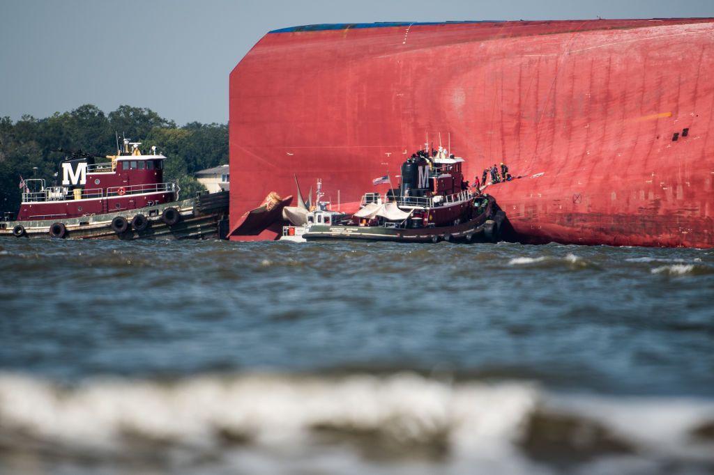 The capsized cargo ship.