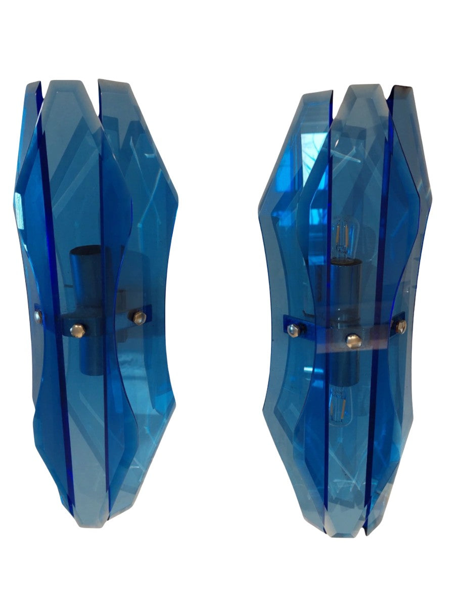 Set of 2 Italian Mid Century Murano Blue Glass Wall Lights by Veca.