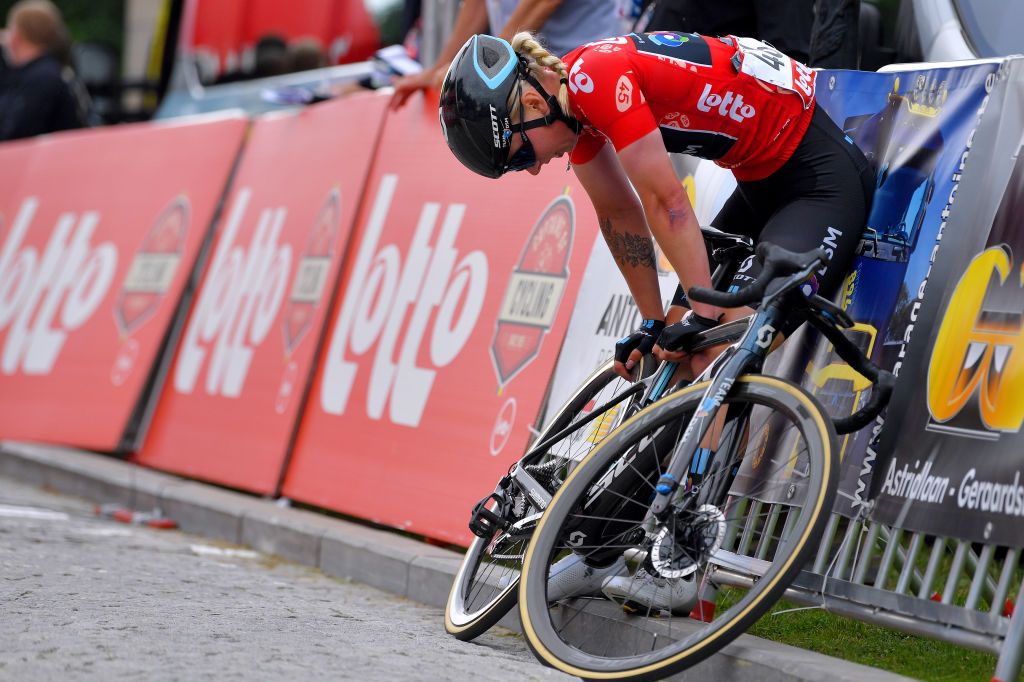 GERAARDSBERGEN BELGIUM JUNE 25 Lorena Wiebes of The Netherlands and Team DSM Red Leader Jersey disappointment at arrival during the 9th Lotto Belgium Tour 2021 Stage 3 a 1011km stage from Geraardsbergen to Geraardsbergen 101m LottoBelgTour LottoBelgiumTour on June 25 2021 in Geraardsbergen Belgium Photo by Luc ClaessenGetty Images