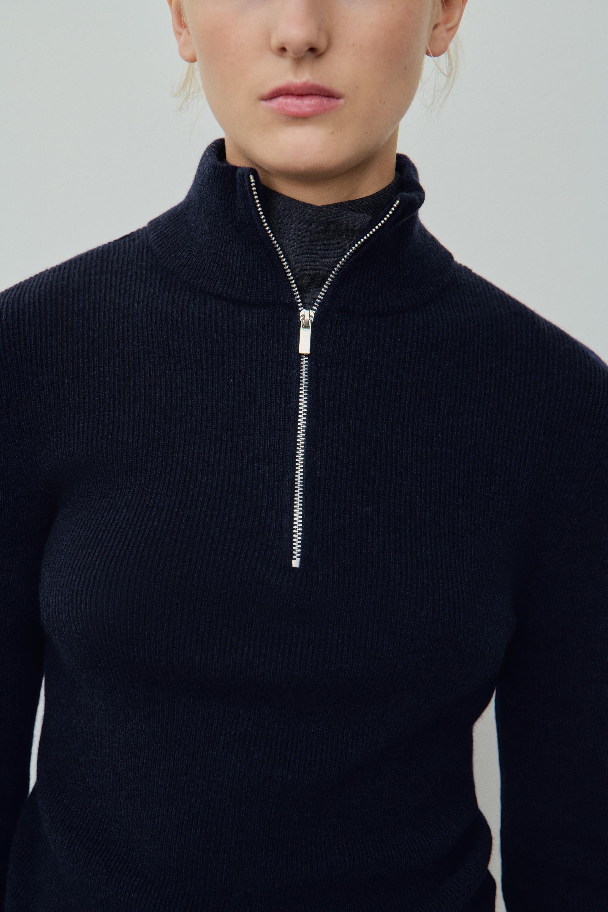 100% Wool Zip-Up Jumper - Navy Blue - S
