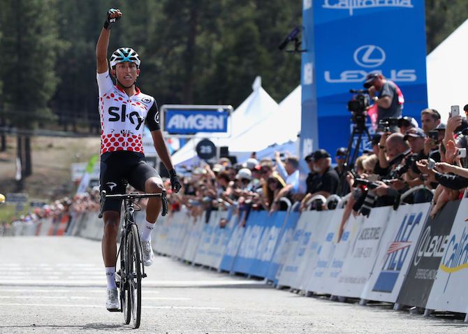 Egan Bernal (Team Sky) salutes the crowd after winning stage 6 of the 2018 Tour of California