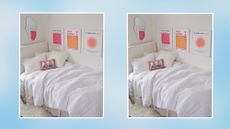 White bed with pink wall art on blue background