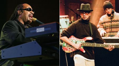 Stevie Wonder during Andre Agassi's 6th Grand Slam for Children Fundraiser. Stuart Zender, and Darren Galea of the musical group Jamiroquai perform on November 18, 1997.