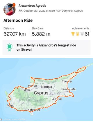 A screenshot of Alexandros Agrotis's Strava file for his lap of Cyprus