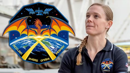 An astronaut in a polo shirt displaying her mission patch is juxtaposed with a graphic of the same emblem