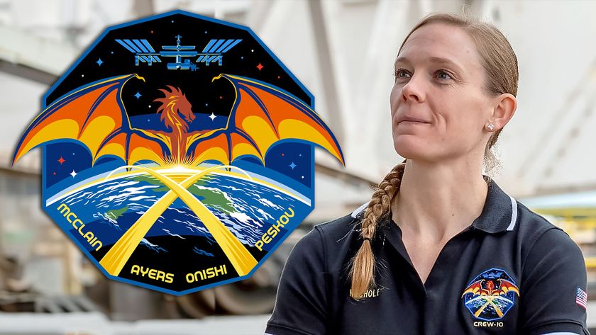 An astronaut in a polo shirt displaying her mission patch is juxtaposed with a graphic of the same emblem