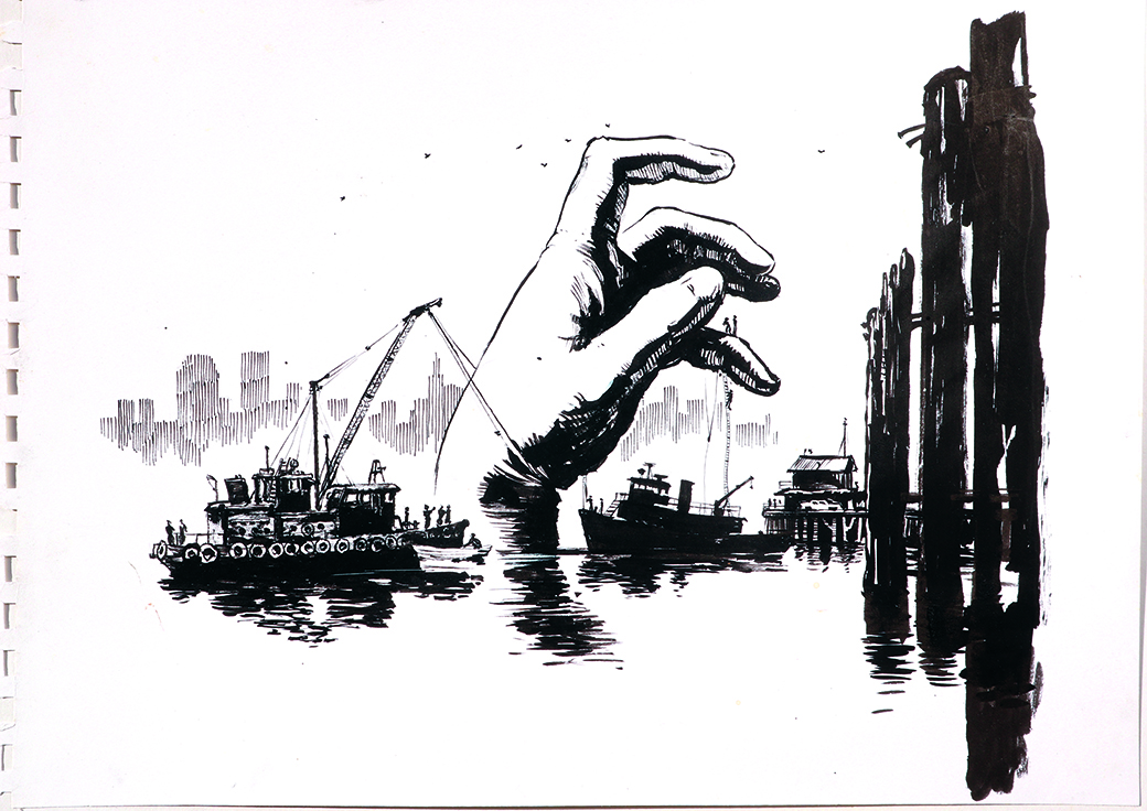 Absurd art; a giant hand reaches out of the docks