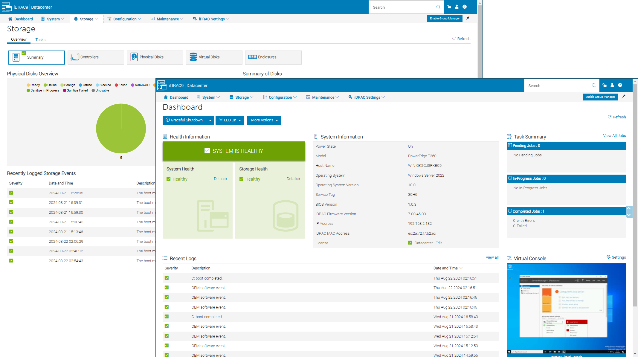 The dashboard for the Dell PowerEdge R360