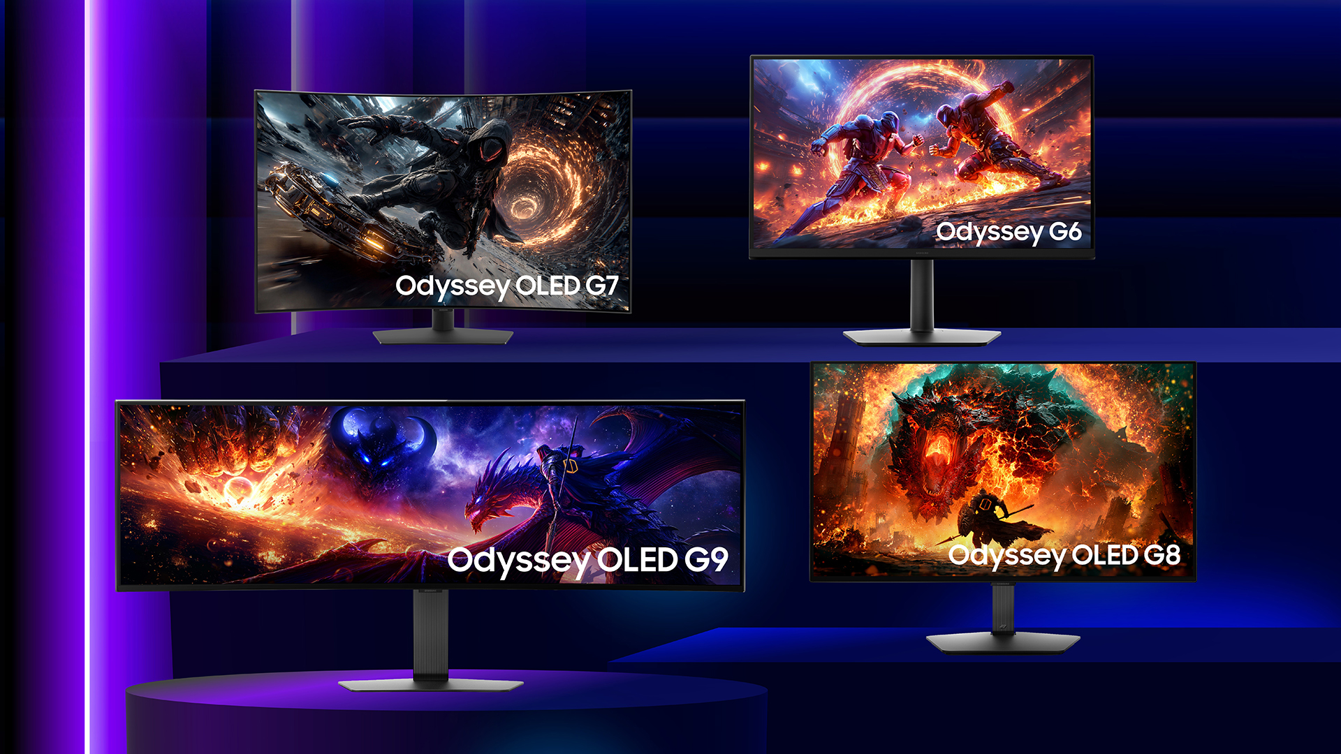 A render showing four upcoming Samsung Odyssey gaming monitors.