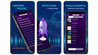 A trio of images showing the Max Volume Booster app