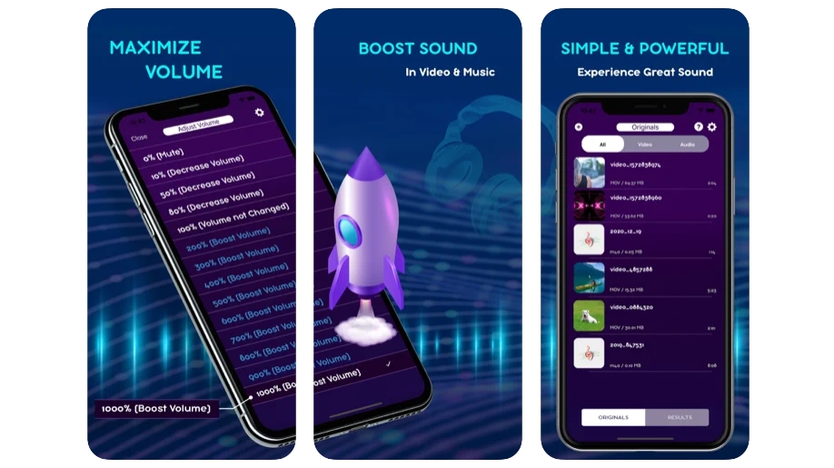 Trio gambar yang menunjukkan aplikasi Max Volume Booster