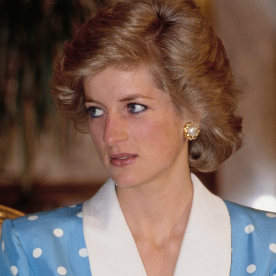 Princess Diana is wearing a blue Catherine Walker outfit at Bayan Palace in Bayan, Kuwait, 13th March 1989