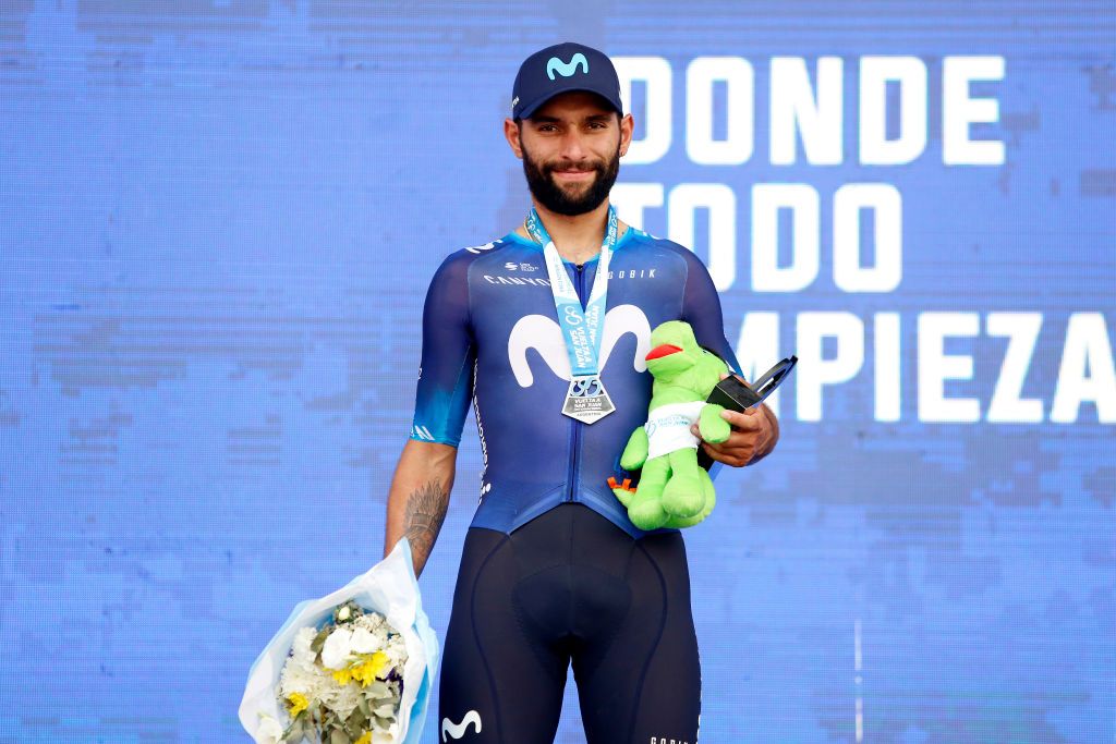 JACHAL ARGENTINA JANUARY 23 Fernando Gaviria of Colombia and Movistar Team celebrates at podium as second place during the 39th Vuelta a San Juan International 2023 Stage 2 a 2011km stage from Valle Fertil to Jachal VueltaSJ2023 on January 23 2023 in Jachal Argentina Photo by Maximiliano BlancoGetty Images