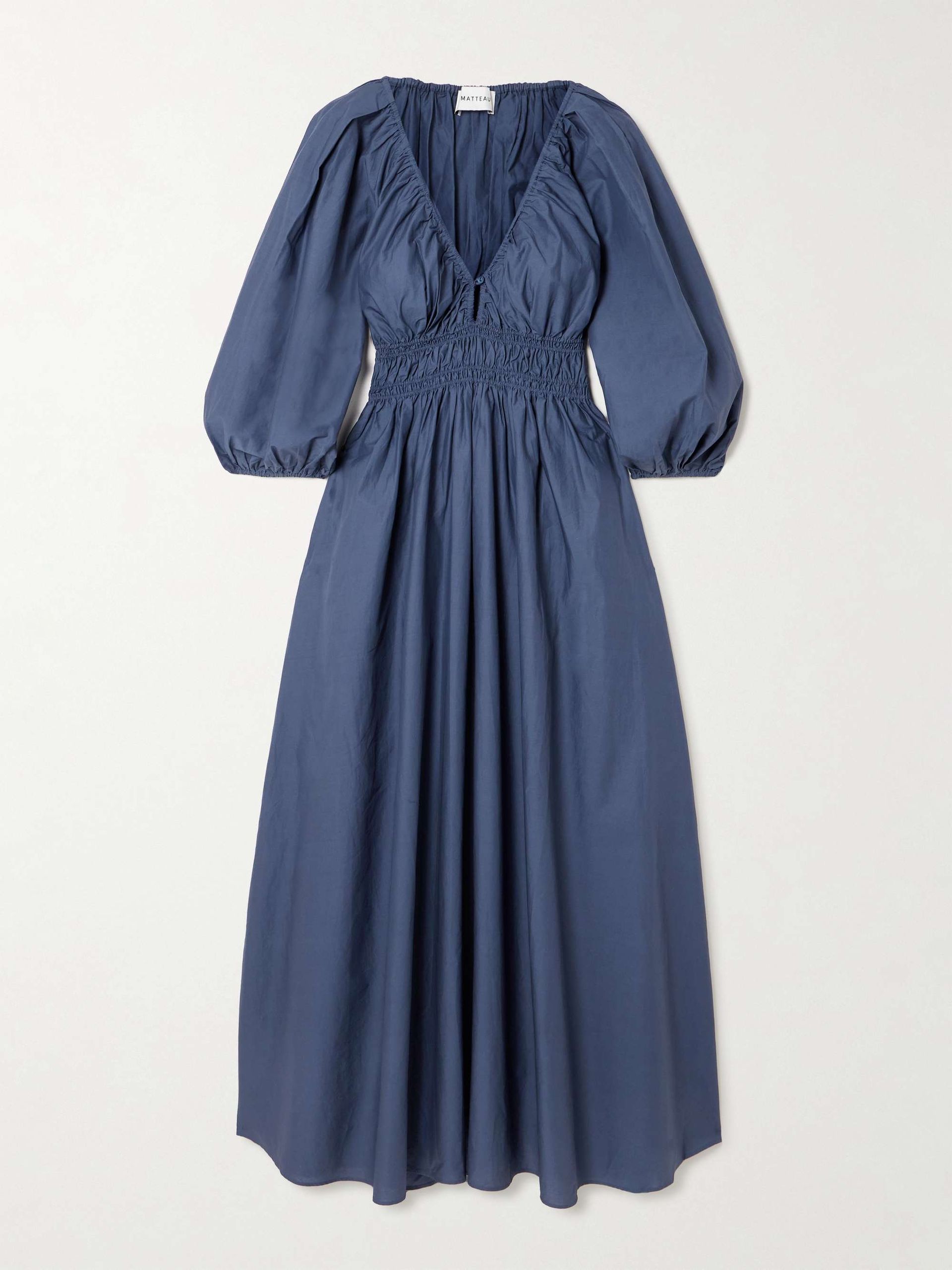 Shirred Organic Cotton-Poplin Maxi Dress