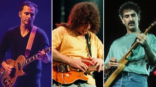(from left) Dweezil Zappa, Eddie Van Halen and Frank Zappa perform onstage