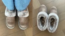 Caroline Parr wearing Skechers slippers, a shot of Skechers slippers on a wooden floor