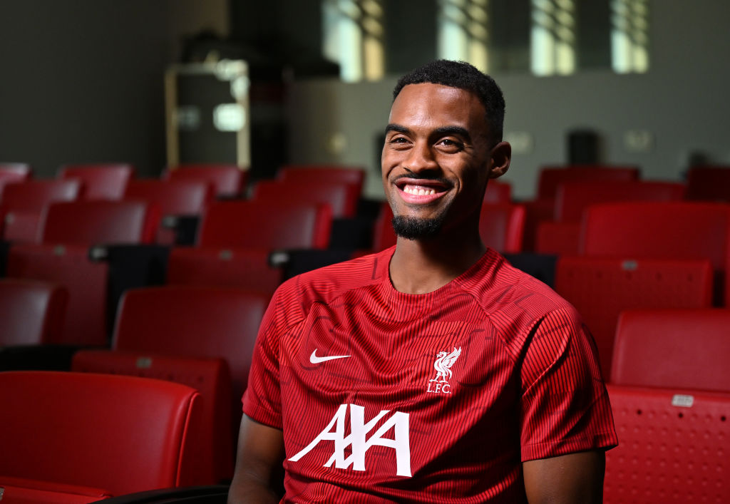  Ryan Gravenberch new signing of Liverpool during an interview at AXA Training Centre on September 01, 2023 in Kirkby, England. (Photo by Andrew Powell/Liverpool FC by skill of Getty Photography)