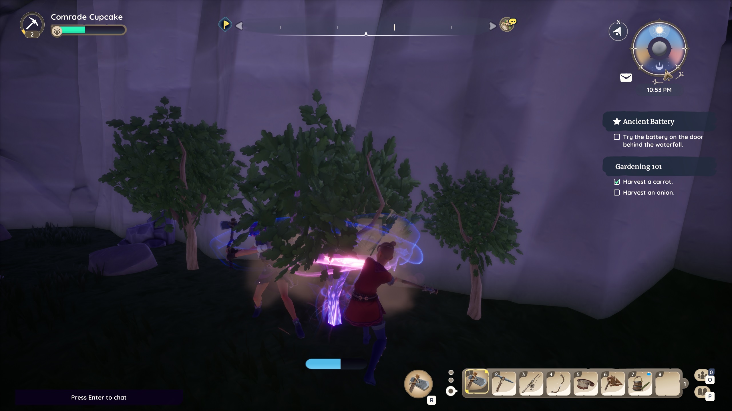 Palia - two players chop a glowing purple tree together