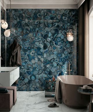 Italian blue agate wall in bathroom by CP Hart Bathrooms