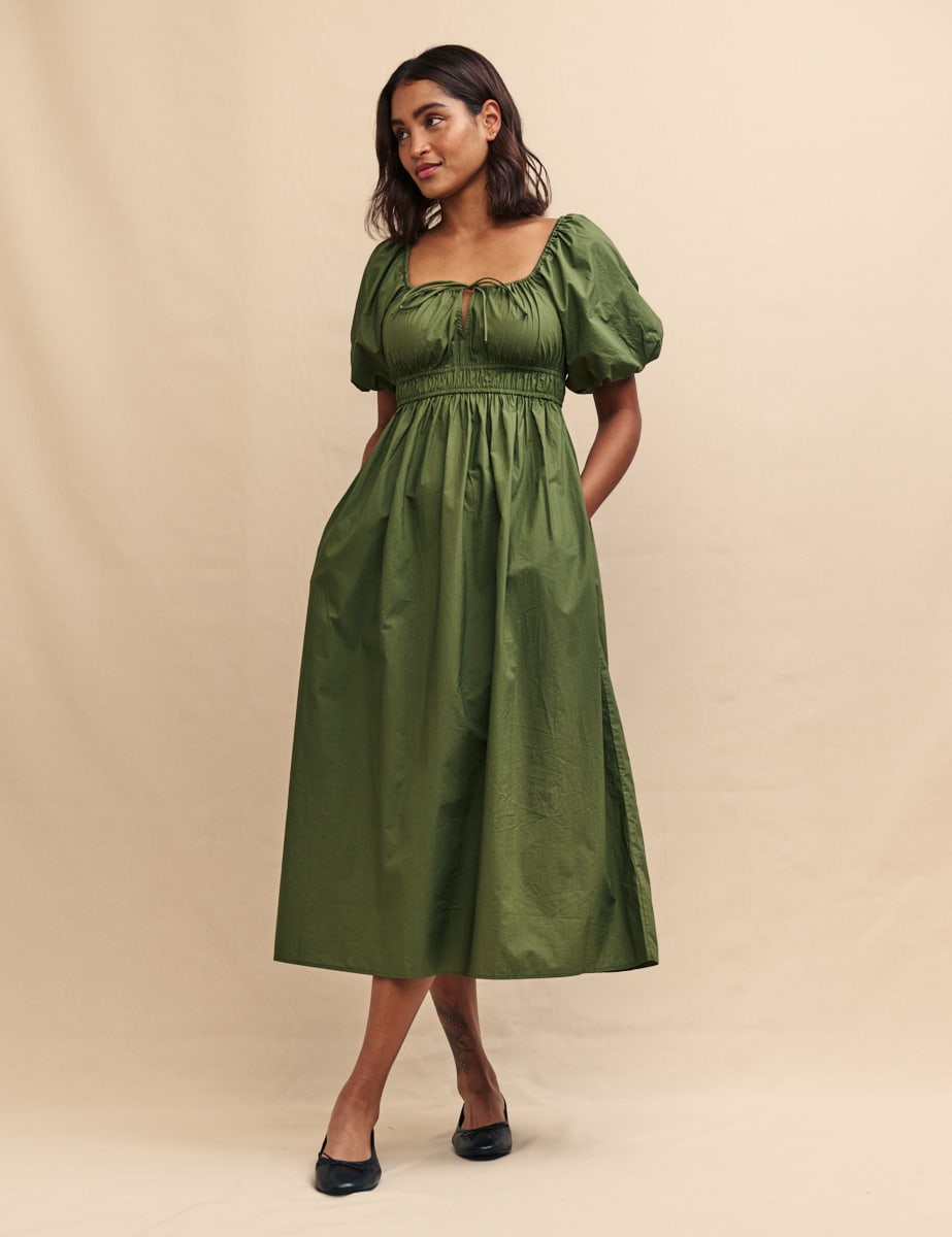 Forest Green Puff Sleeve Evelyn Midi Dress