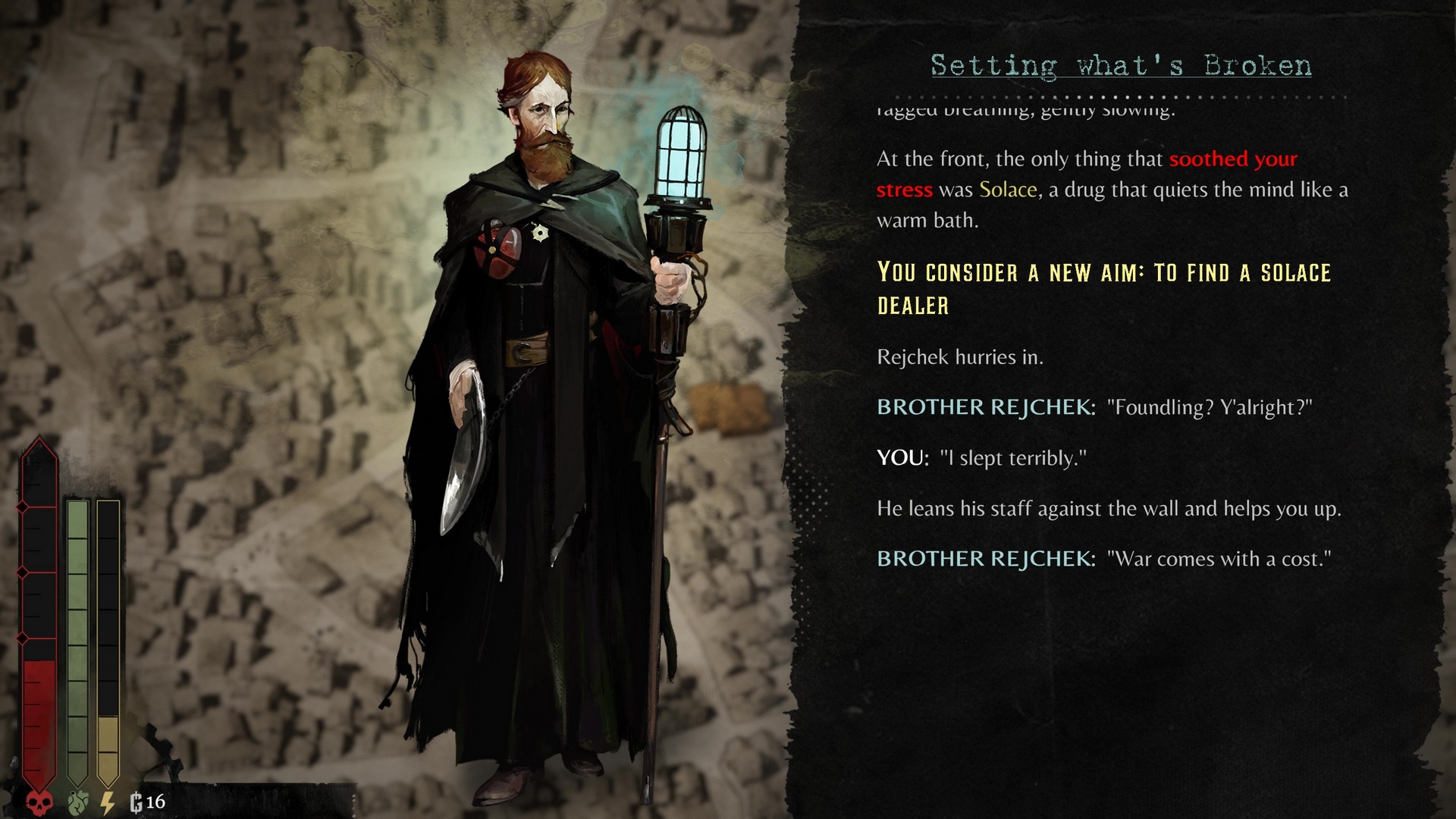 Brother Rejchek prompts us to consider tracking down the drug Solace in Duskpunk