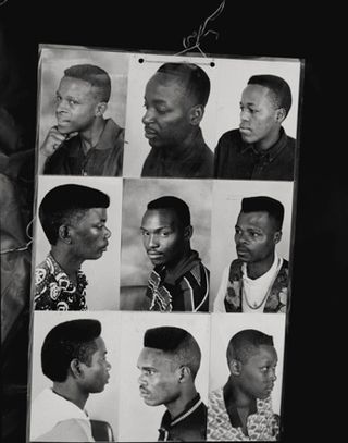 A collage of 9 images of black men in different hair cuts showing facing different directions.
