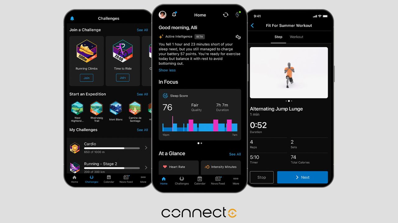 Screenshots showing the new Garmin Connect Plus subscription in action on mobile phones above the text "Connect+"