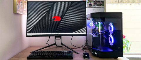 iBuyPower Y60 review unit on desk hooked up to Acer Predator gaming monitor