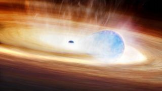 A large glowing disk with a black hole in the center swirls around a small blue orb of light