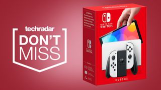 En Nintendo Switch-förpackning visas upp mot en ljusröd bakgrund, TechRadar-logon och texten "Don't miss".