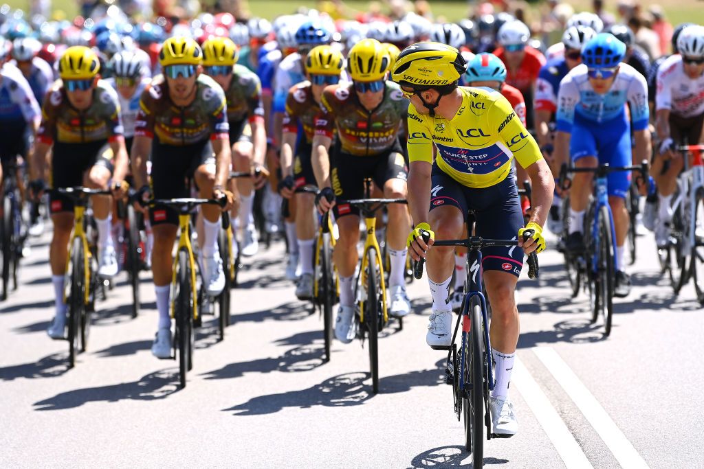 NYBORG DENMARK JULY 02 Yves Lampaert of Belgium and QuickStep Alpha Vinyl Team Yellow Leader Jersey leads the peloton during the 109th Tour de France 2022 Stage 2 a 2022km stage from Roskilde to Nyborg TDF2022 WorldTour on July 02 2022 in Nyborg Denmark Photo by Tim de WaeleGetty Images