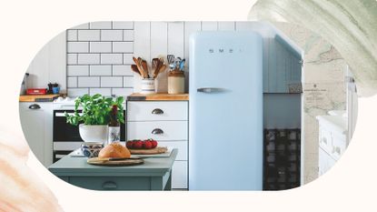 Oval cropped image of a white kitchen with a baby blue retro Smeg fridge on a watercolour background