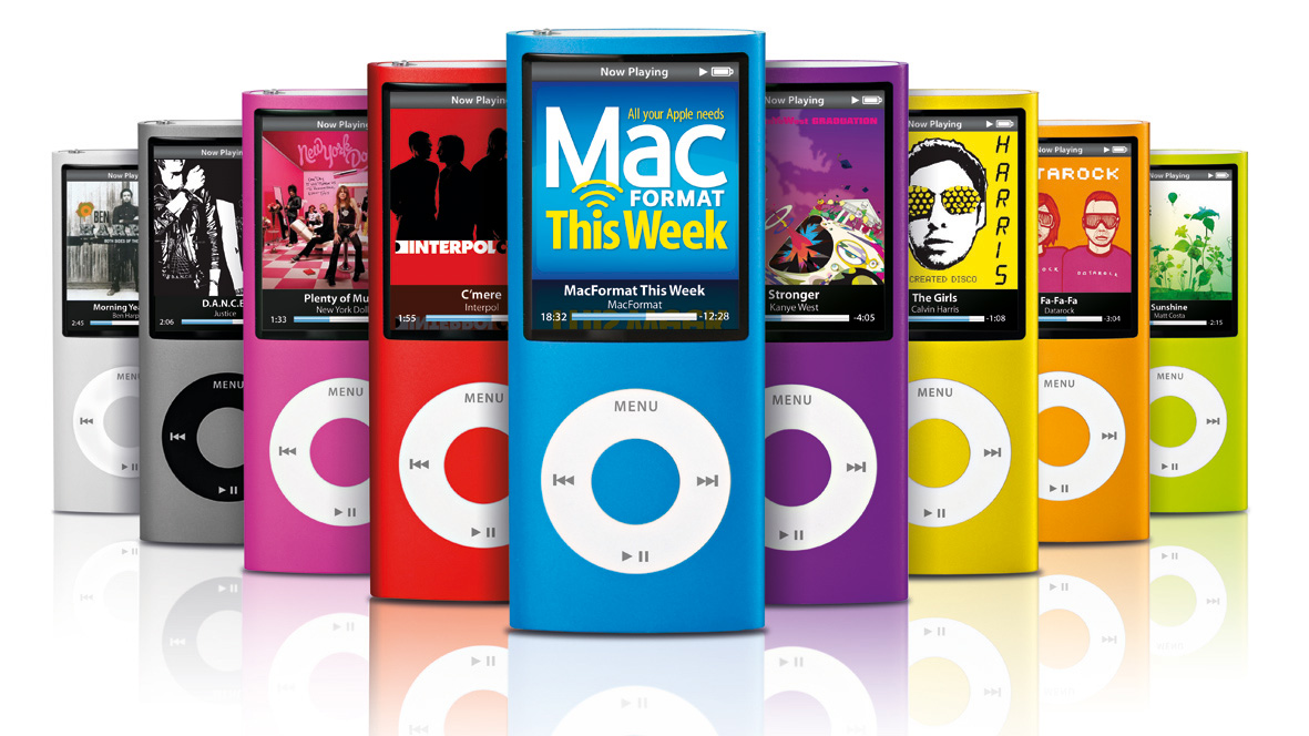 Nine iPod Nanos, all different colors, in a pyramid arrangement