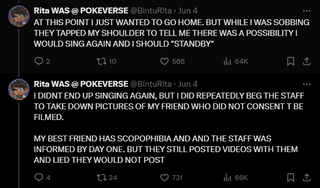Two posts that read: "AT THIS POINT I JUST WANTED TO GO HOME. BUT WHILE I WAS SOBBING THEY TAPPED MY SHOULDER TO TELL ME THERE WAS A POSSIBILITY I WOULD SING AGAIN AND I SHOULD "STANDBY"" and "I DIDNT END UP SINGING AGAIN, BUT I DID REPEATEDLY BEG THE STAFF TO TAKE DOWN PICTURES OF MY FRIEND WHO DID NOT CONSENT T BE FILMED.MY BEST FRIEND HAS SCOPOPHIBIA AND AND THE STAFF WAS INFORMED BY DAY ONE. BUT THEY STILL POSTED VIDEOS WITH THEM AND LIED THEY WOULD NOT POST"