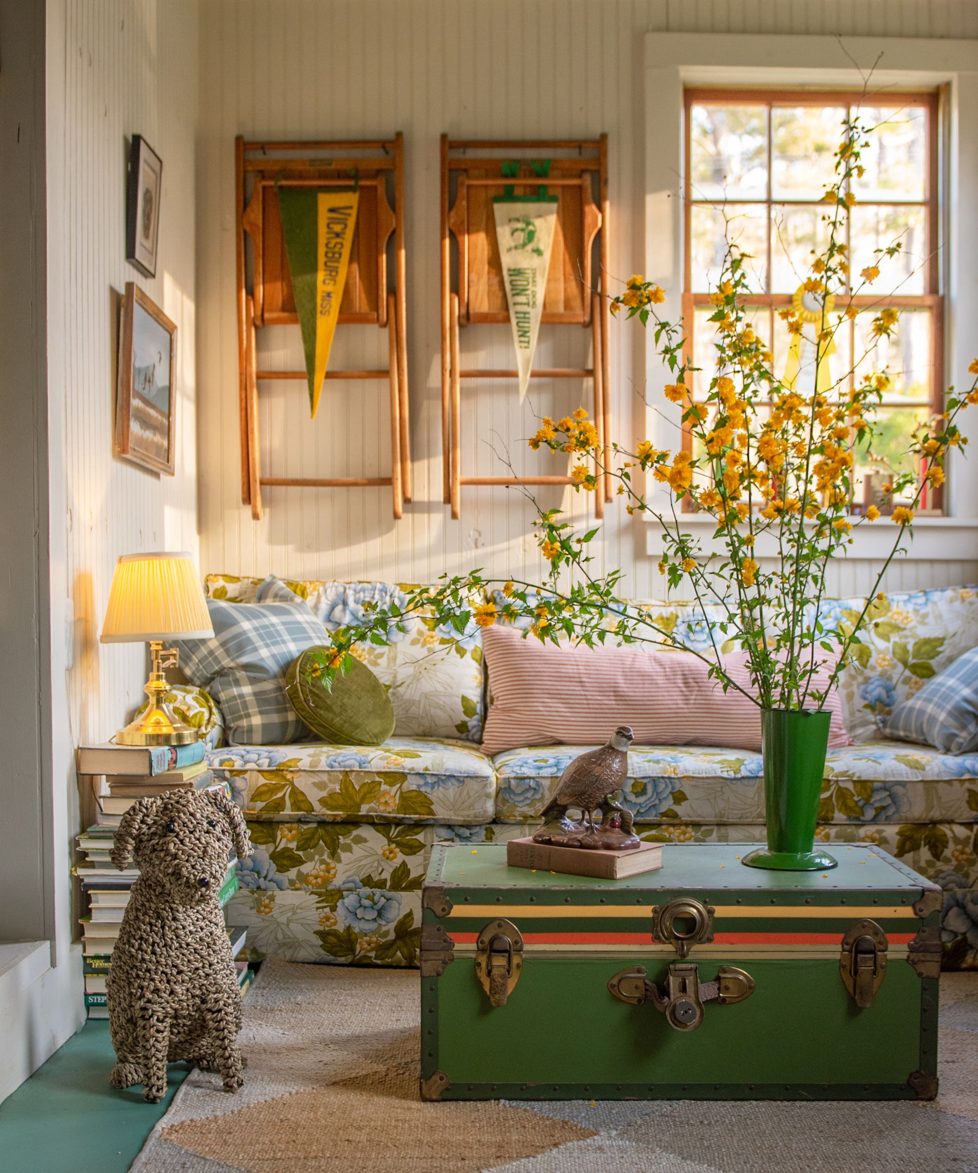 Landon McAfee living room with his grandma's chintz sofa