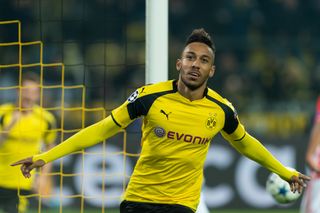 Pierre-Emerick Aubameyang celebrates after scoring for Borussia Dortmund against Benfica in the Champions League in March 2017.