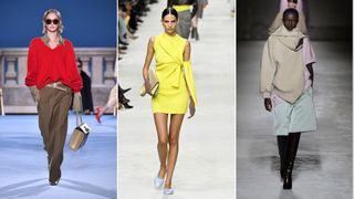 Models at Tory Burch, Fendi, and Dries Van Noten wearing twisted and prestyled garments