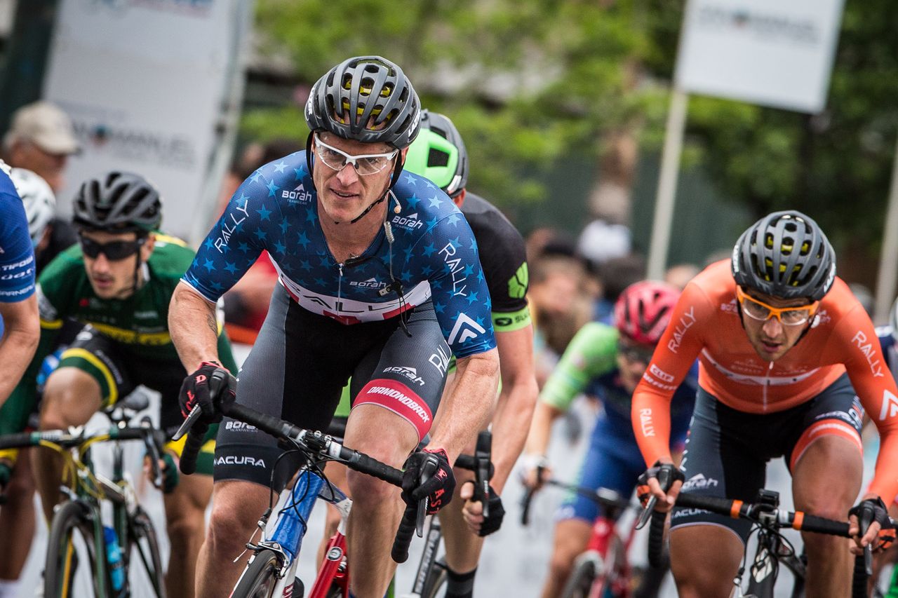 National Criterium Champion Brad Huff (Rally) moves towards the front.