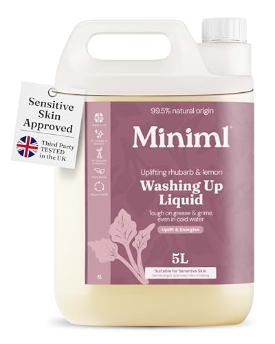 Miniml Eco Washing Up Liquid 5l Refill - Wild Rhubarb &amp;amp; Lemon Scented Non Bio &amp;amp; Skin Sensitive Friendly Dish Wash Cleaner Plant Based Vegan &amp;amp; Cruelty Free - Natural Cleaning Products (500 Washes)