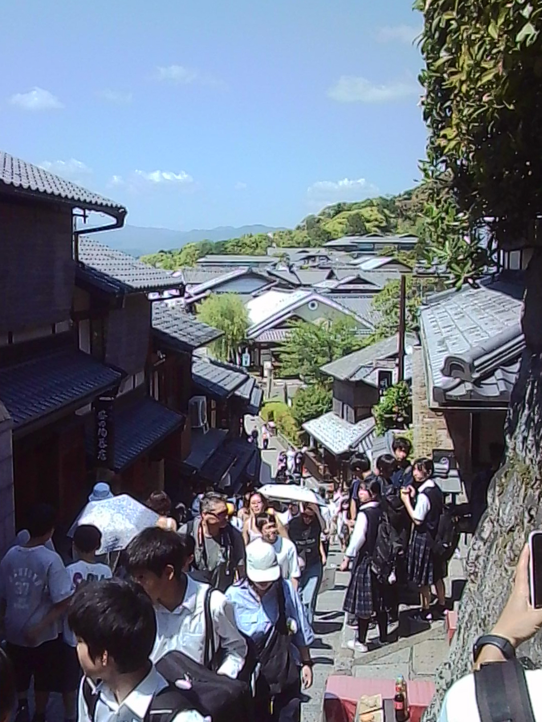 Crowded stone steps in Japan with visitors walking past traditional rooftops and distant hills.