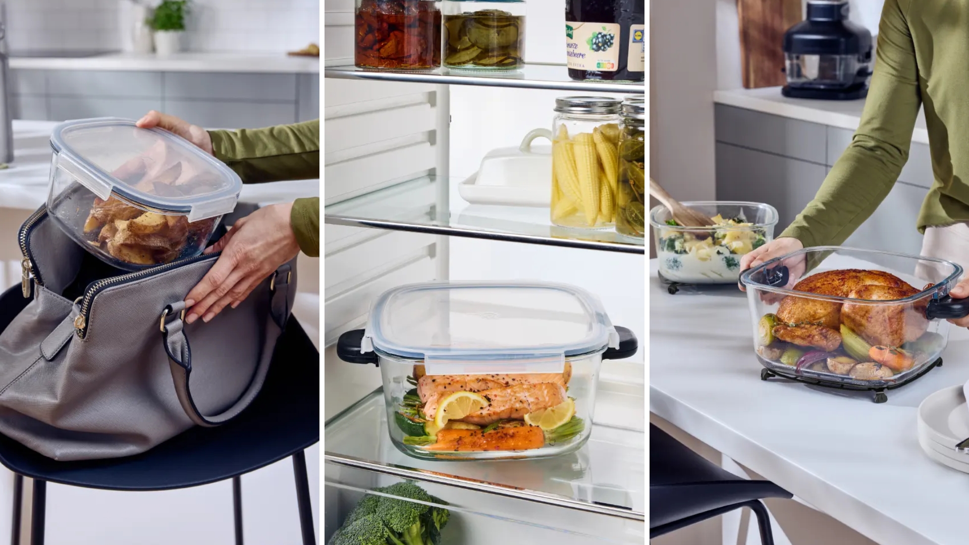 Three images of the Lidl SilverCrest Glass Air Fryer being used for storage in the fridge, in a handbag, and used on the counter