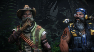 Older man with cowboy hat and hunting gear on holding his finger to his lips, next to burly bearded man with tattoo on his arm