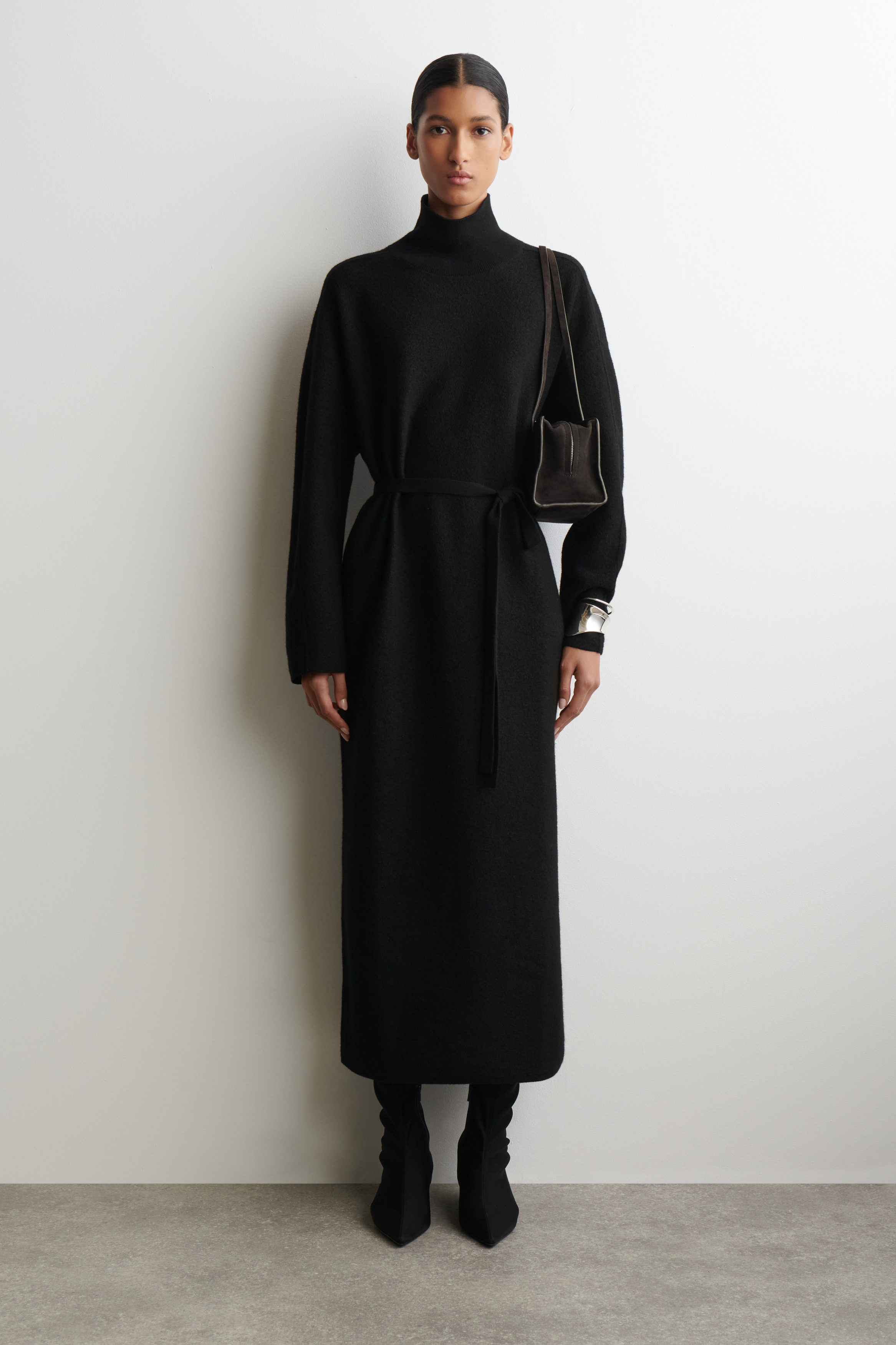 Boiled-Wool Funnel-Neck Dress