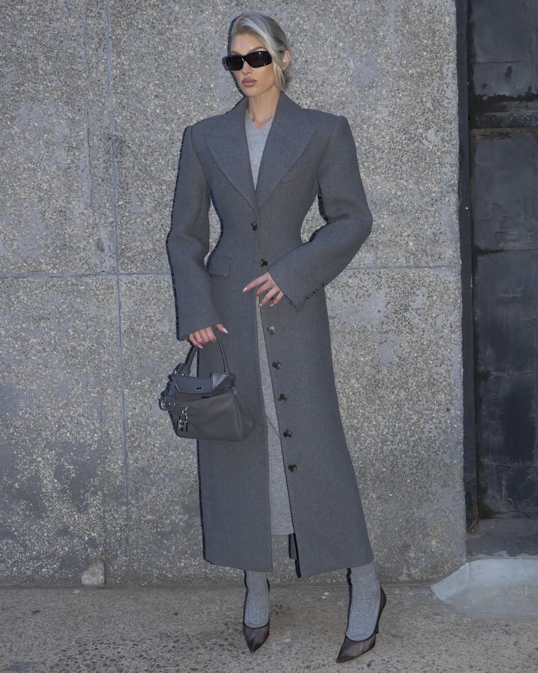 Elsa Hosk wearing a Helsa wool coat.