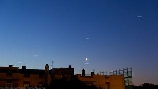 From his balcony in Rome, Gianluca Masi captured this night-sky image of Jupiter, Venus, Mars and Saturn (plus the moon) lined up.