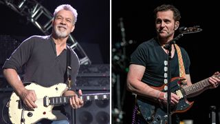 Eddie Van Halen and Dweezil Zappa playing guitar onstage