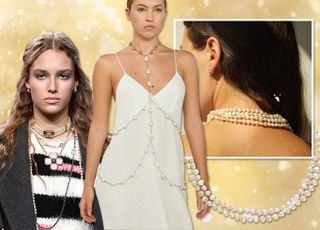 Graphic of fall 2023 jewelry trends of pearl necklaces